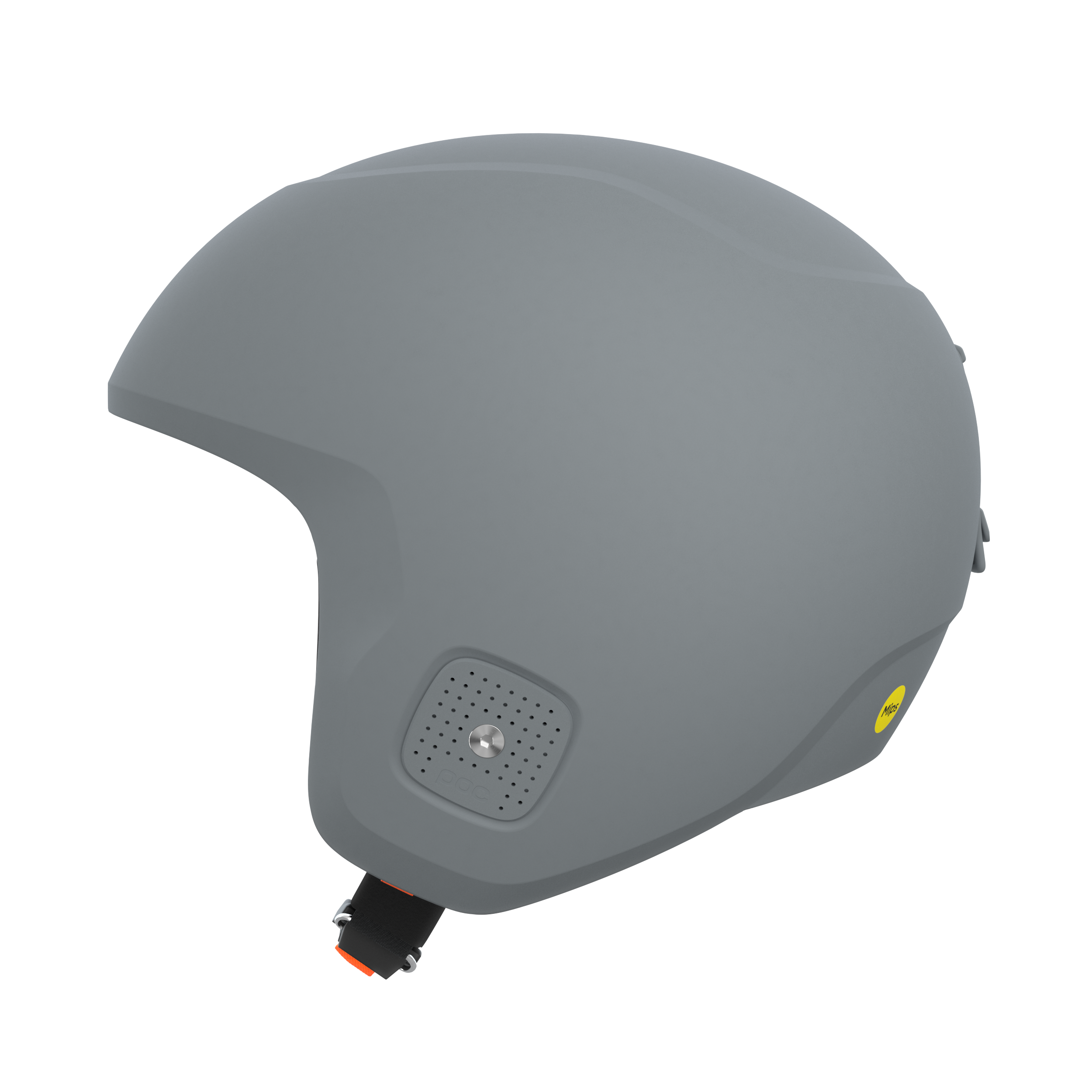 Der POC Sports Poc Skull Dura X MIPS ist ein mattgrauer Skihelm mit einem glatten, abgerundeten Design, seitlichen Belüftungslöchern, einem verstellbaren Kinnriemen mit rotem Clip und einem gelben MIPS-Sicherheitsaufkleber. FIS RH 2013 zertifiziert für höchste Sicherheit.