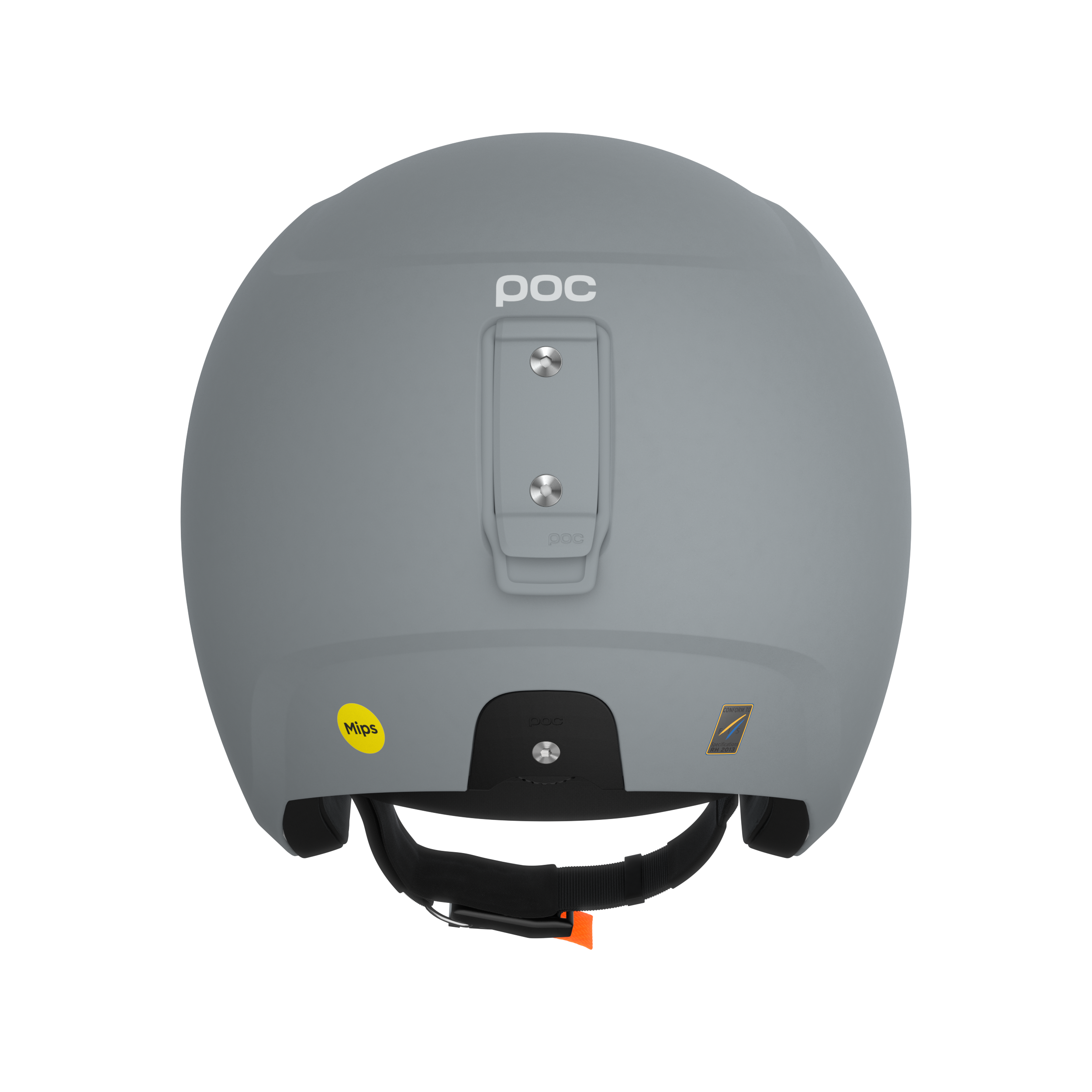 Der POC Sports Poc Skull Dura X Mips Skihelm in Grau ist von hinten abgebildet und zeigt eine rechteckige Halterung, das Mips Sicherheitslogo, einen schwarzen Kinnriemen mit orangefarbenen Details und die FIS RH 2013 Zertifizierung für zusätzliche Sicherheit.