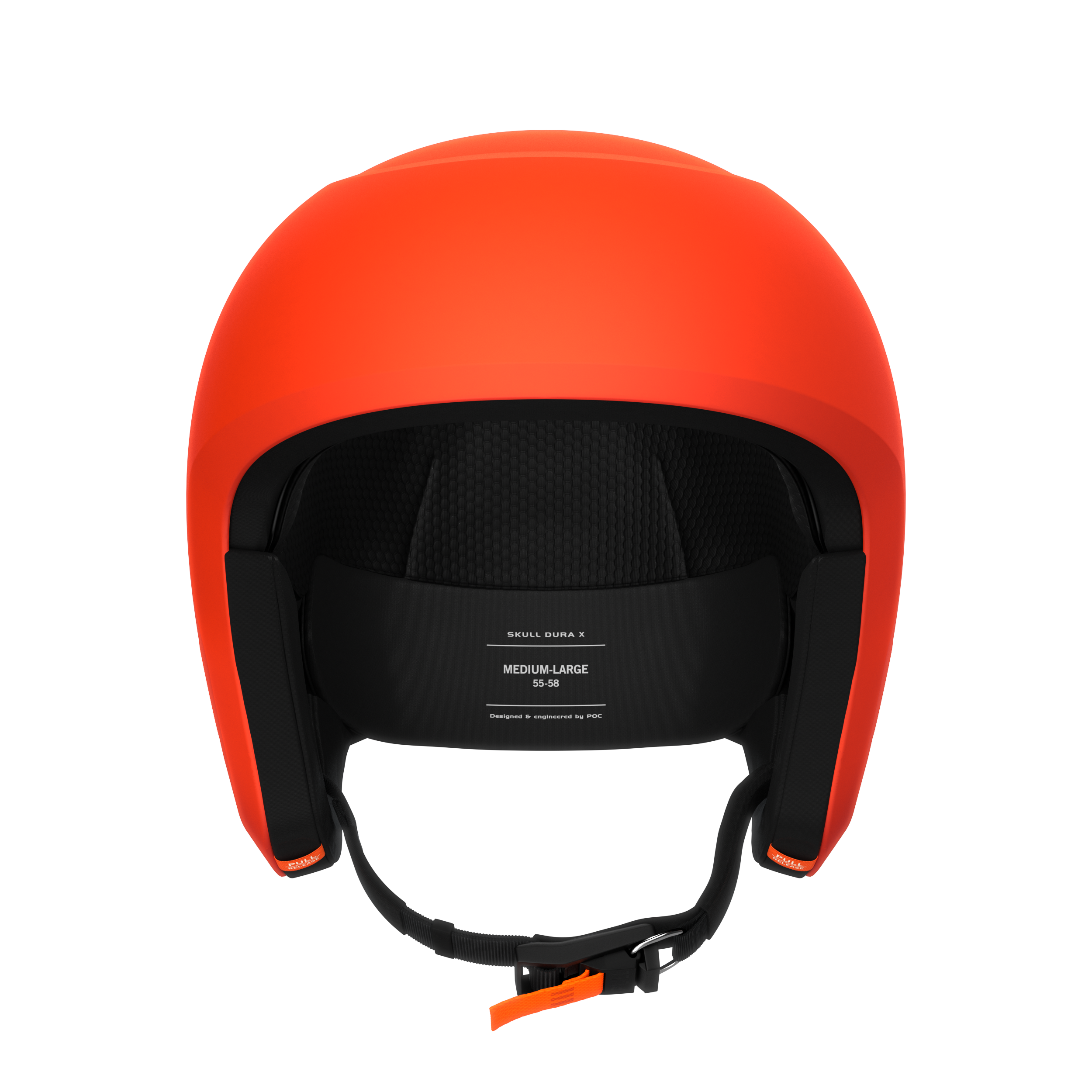 Ein leuchtend orangefarbener POC Sports Poc Skull Dura X Mips Helm wird von vorne gezeigt, mit schwarzer Polsterung, Größenetikett, verstellbarem Kinnriemen mit orangefarbenem Verschluss und fortschrittlichem Rotationsaufprallschutz vor einem schlichten weißen Hintergrund.