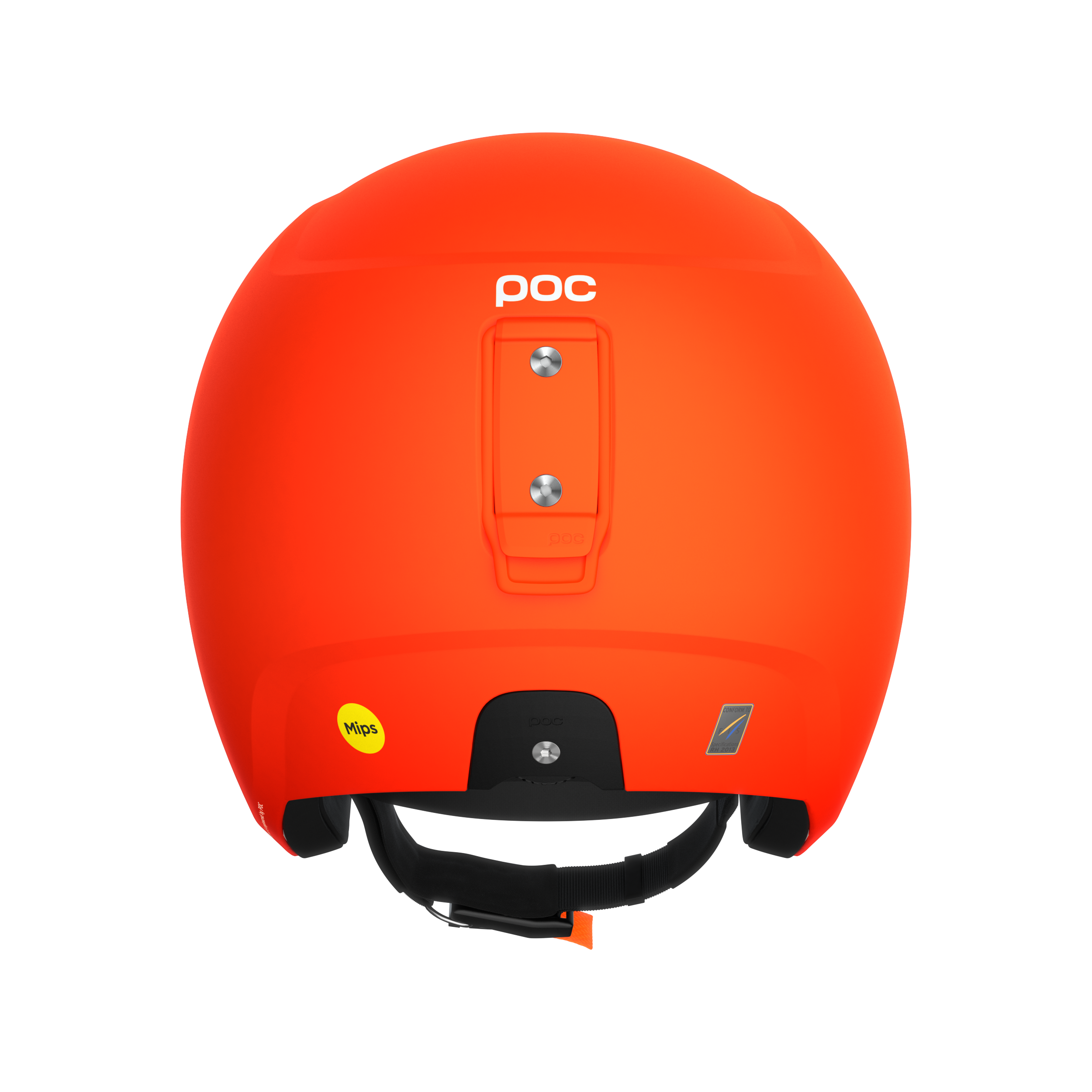 Der POC Sports Poc Skull Dura X Mips Helm in leuchtendem Orange ist von hinten abgebildet und zeigt das MIPS-Logo für den Rotationsaufprallschutz, den verstellbaren Riemen und den Befestigungsschlitz vor einem weißen Hintergrund.