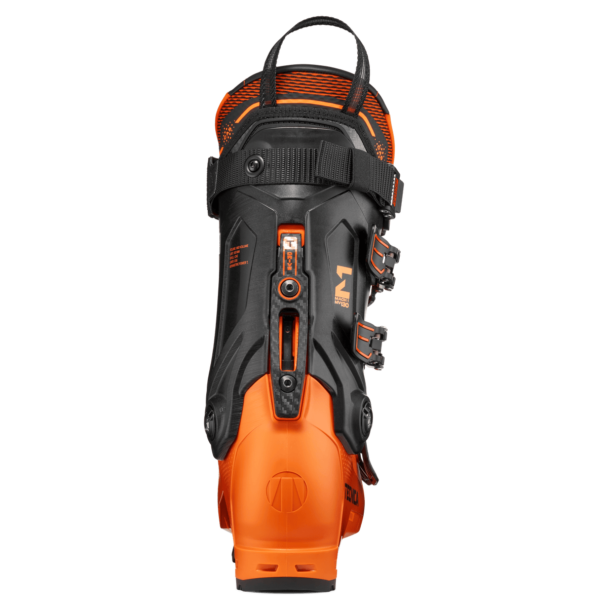 Tecnica Mach1 MV 130 TD2 GW Skischuh in Orange – Rückansicht mit T-Drive 2.0