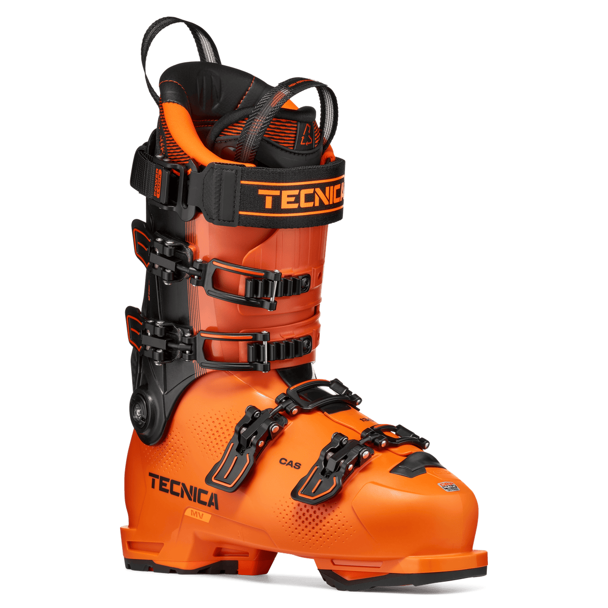 Tecnica Mach1 MV 130 TD2 GW Skischuh in Orange – Dreiviertelansicht von vorne