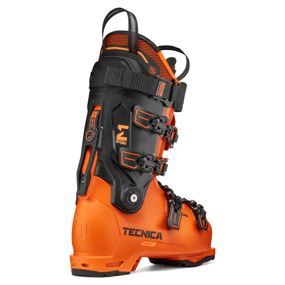 Tecnica Mach1 MV 130 TD2 GW Skischuhe in Orange – Paar in Seiten- und Rückansicht
