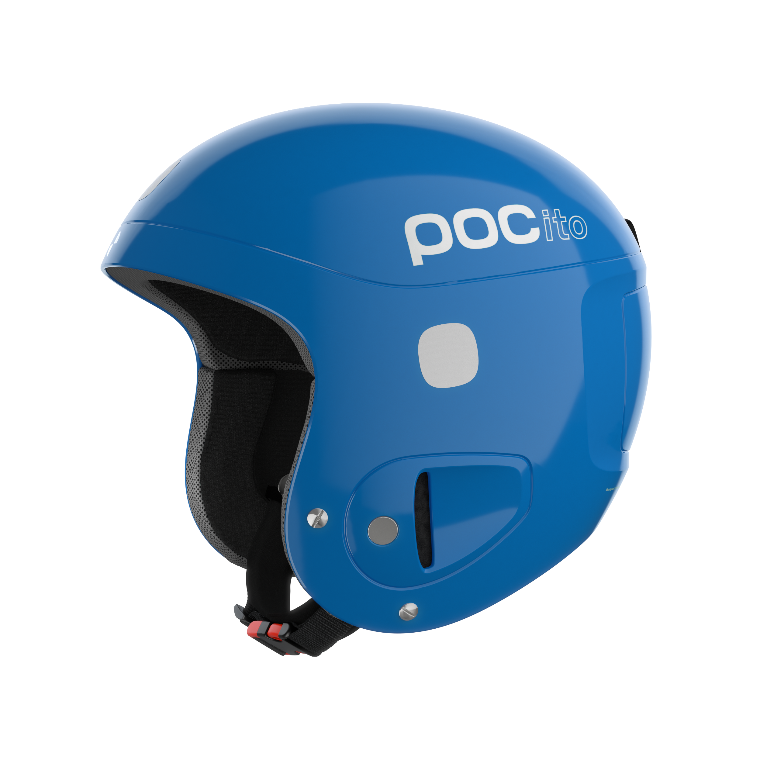 Der POC Sports POCito Skull ist ein blauer Skihelm mit dem weißen Schriftzug "pocito" an der Seite, schwarzer Innenpolsterung und einem schwarzen, verstellbaren Kinnriemen mit roter Schließe.