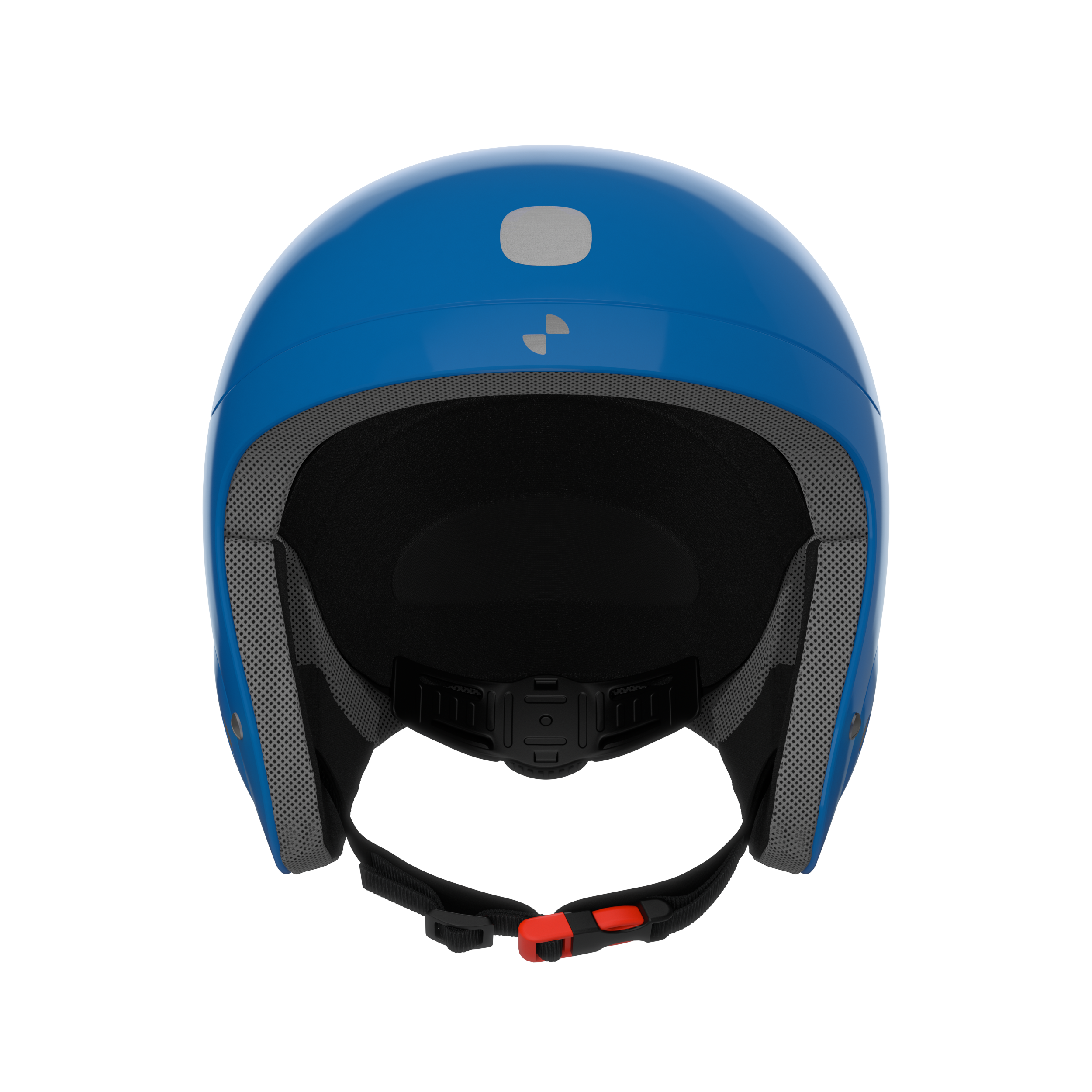 Frontansicht des POC Sports POCito Skull Helms in Blau mit schwarzer und grauer Innenpolsterung, einem verstellbaren schwarzen Kinnriemen und einer roten Schnalle.