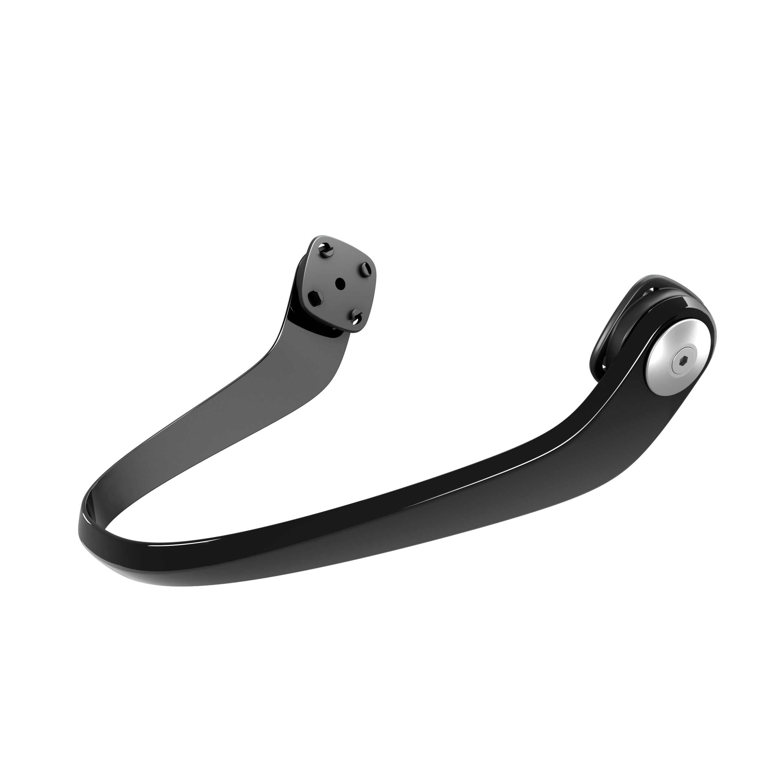 Ein schwarzes, tragbares Gerät von POC Sports mit einem geschwungenen Band und einem quadratischen Sensor-Pad, das vom POC Maxilla Breakaway System inspiriert ist und für überragenden Komfort und Passform um Kopf und Hals sorgt.
