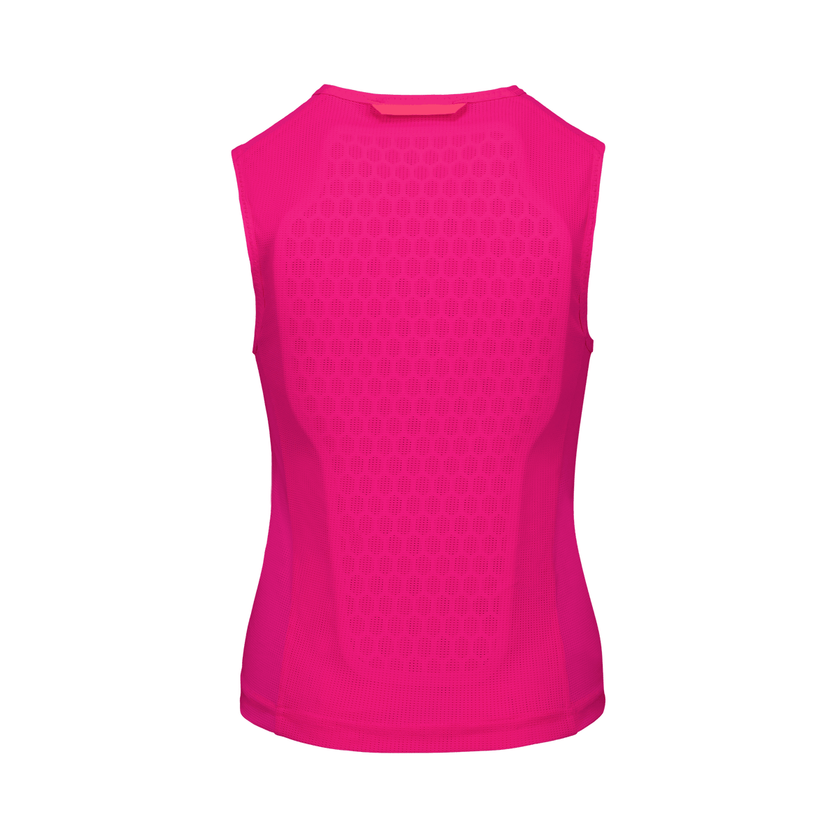 Ein ärmelloses, leuchtend pinkes Sportoberteil mit dezentem Sechseckmuster - ideal zum Überziehen über die POC Sports POC pocito VPD Air VEST für zusätzliche Sicherheit.