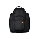 Der POC Sports Race Backpack 70L in Schwarz verfügt über mehrere Reißverschlussfächer, einen Tragegriff an der Oberseite und ein orangefarbenes, rundes Logo auf der Vordertasche, das auf einem schlichten weißen Hintergrund abgebildet ist.