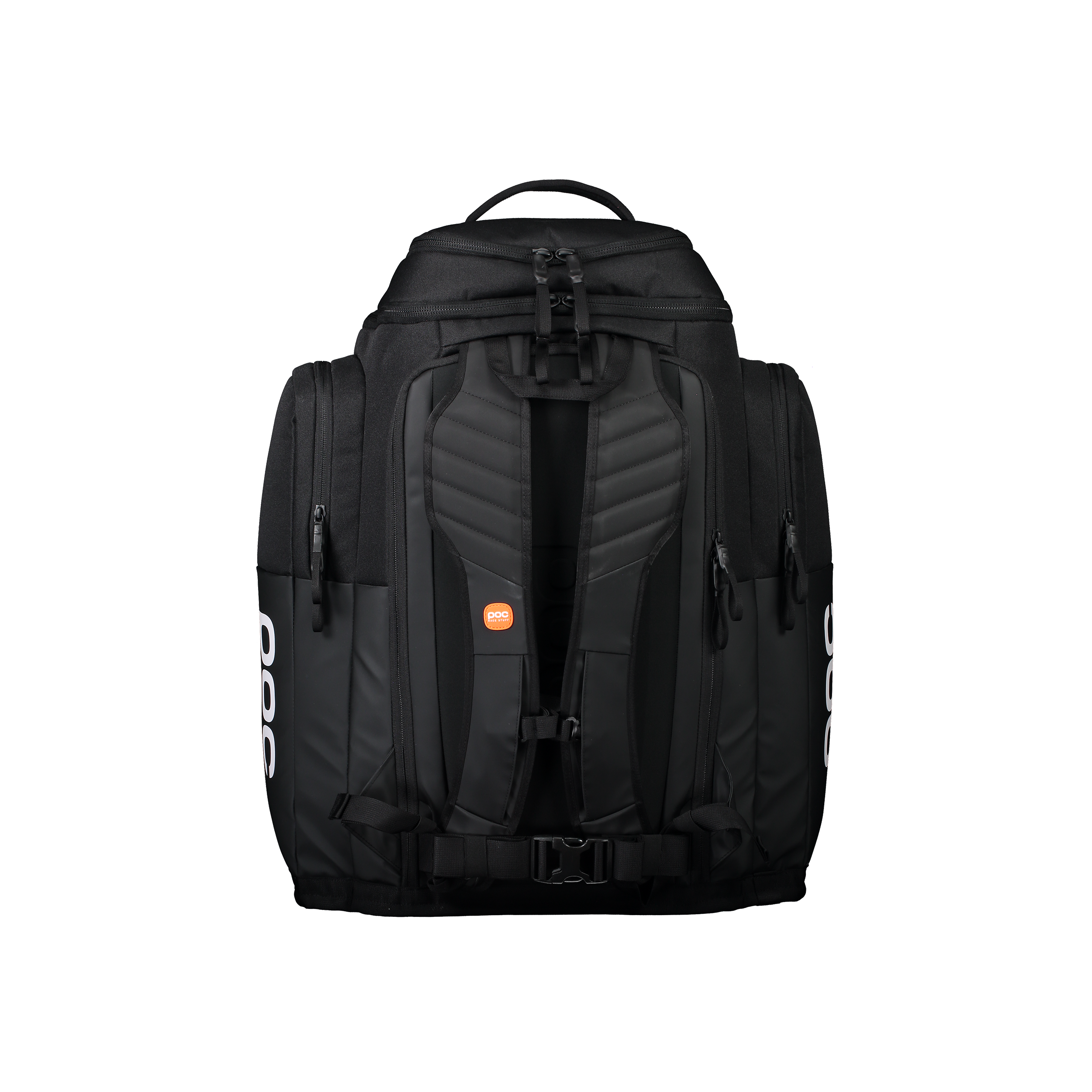Der POC Sports Race Backpack 70L in Schwarz wird aufrecht von hinten gezeigt und hebt die gepolsterten Schultergurte, die Seitenfächer mit Reißverschluss, den oberen Griff und das kleine orangefarbene kreisförmige Logo auf dem linken Gurt hervor.