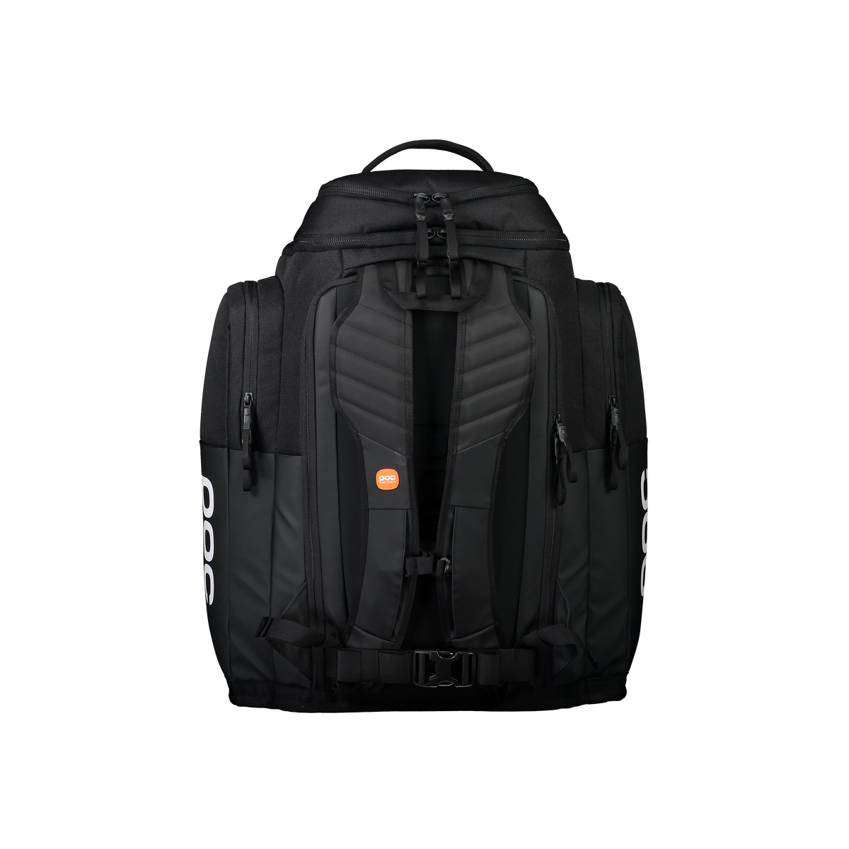 Der POC Sports Race Backpack 70L in Schwarz wird aufrecht von hinten gezeigt und hebt die gepolsterten Schultergurte, die Seitenfächer mit Reißverschluss, den oberen Griff und das kleine orangefarbene kreisförmige Logo auf dem linken Gurt hervor.