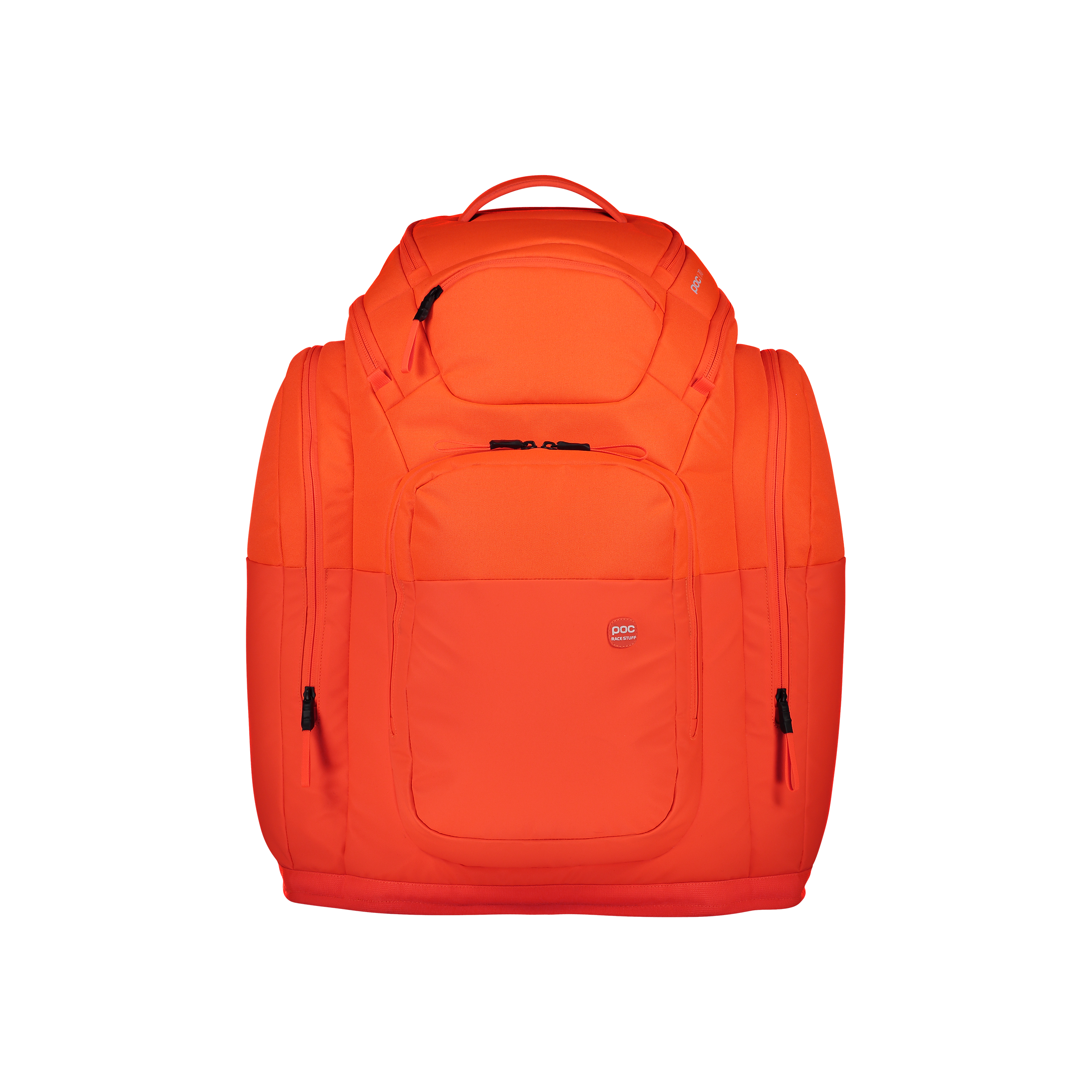 Der POC Sports POC Race Backpack 70L in leuchtendem Orange verfügt über mehrere Reißverschlussfächer und einen Griff an der Oberseite, der auf einem schlichten weißen Hintergrund dargestellt ist.