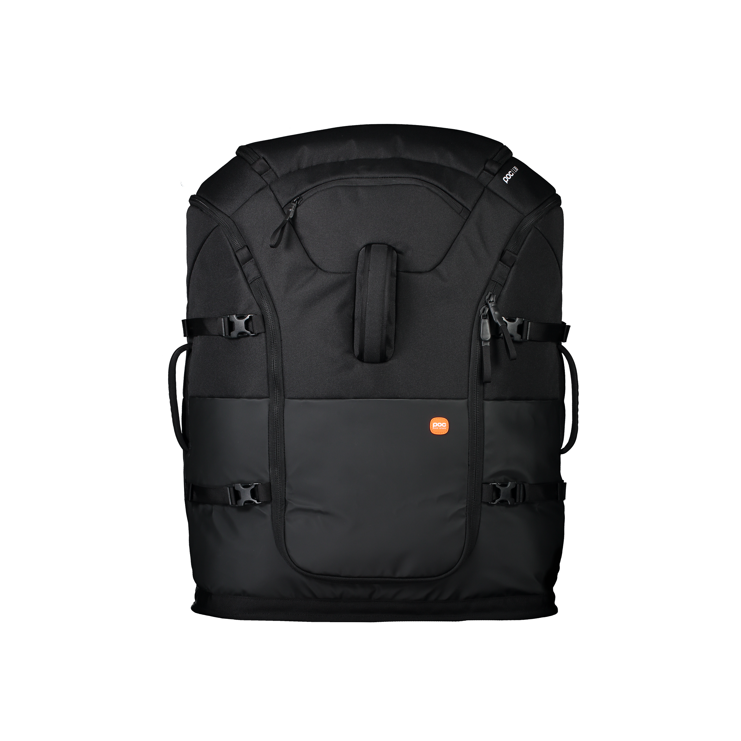 Der POC Sports Race Backpack 130L ist schwarz, verfügt über mehrere seitliche Gurte, einen Tragegriff, ein orangefarbenes, rundes Logo auf der Vordertasche und ist aus wasserfestem Polyamid gefertigt; er ist auf einem schlichten weißen Hintergrund abgebildet.