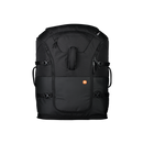 Der POC Sports Race Backpack 130L ist schwarz, verfügt über mehrere seitliche Gurte, einen Tragegriff, ein orangefarbenes, rundes Logo auf der Vordertasche und ist aus wasserfestem Polyamid gefertigt; er ist auf einem schlichten weißen Hintergrund abgebildet.