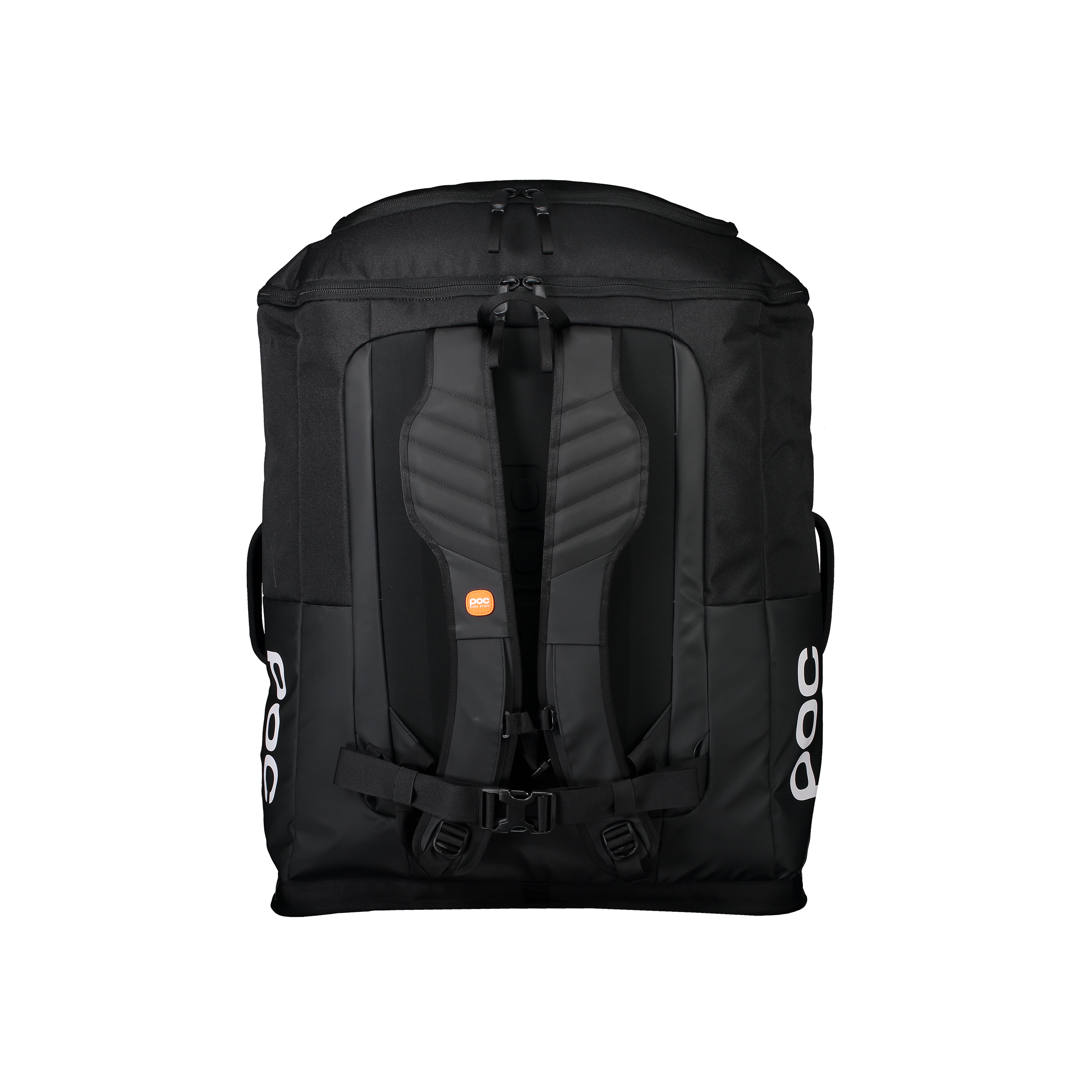 Der POC Race Backpack 130L von POC Sports, aus schwarzem wasserfestem Polyamid, verfügt über gepolsterte Schultergurte, eine Brustschnalle und weiße POC-Logos auf jeder Seite, die vor einem weißen Hintergrund dargestellt sind. Perfekt für Skirennfahrer Ausrüstung.