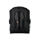 Der POC Race Backpack 130L von POC Sports, aus schwarzem wasserfestem Polyamid, verfügt über gepolsterte Schultergurte, eine Brustschnalle und weiße POC-Logos auf jeder Seite, die vor einem weißen Hintergrund dargestellt sind. Perfekt für Skirennfahrer Ausrüstung.