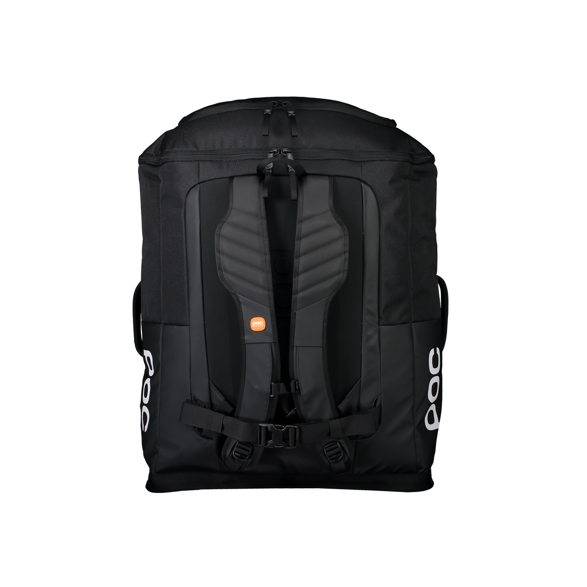 Der POC Race Backpack 130L von POC Sports, aus schwarzem wasserfestem Polyamid, verfügt über gepolsterte Schultergurte, eine Brustschnalle und weiße POC-Logos auf jeder Seite, die vor einem weißen Hintergrund dargestellt sind. Perfekt für Skirennfahrer Ausrüstung.
