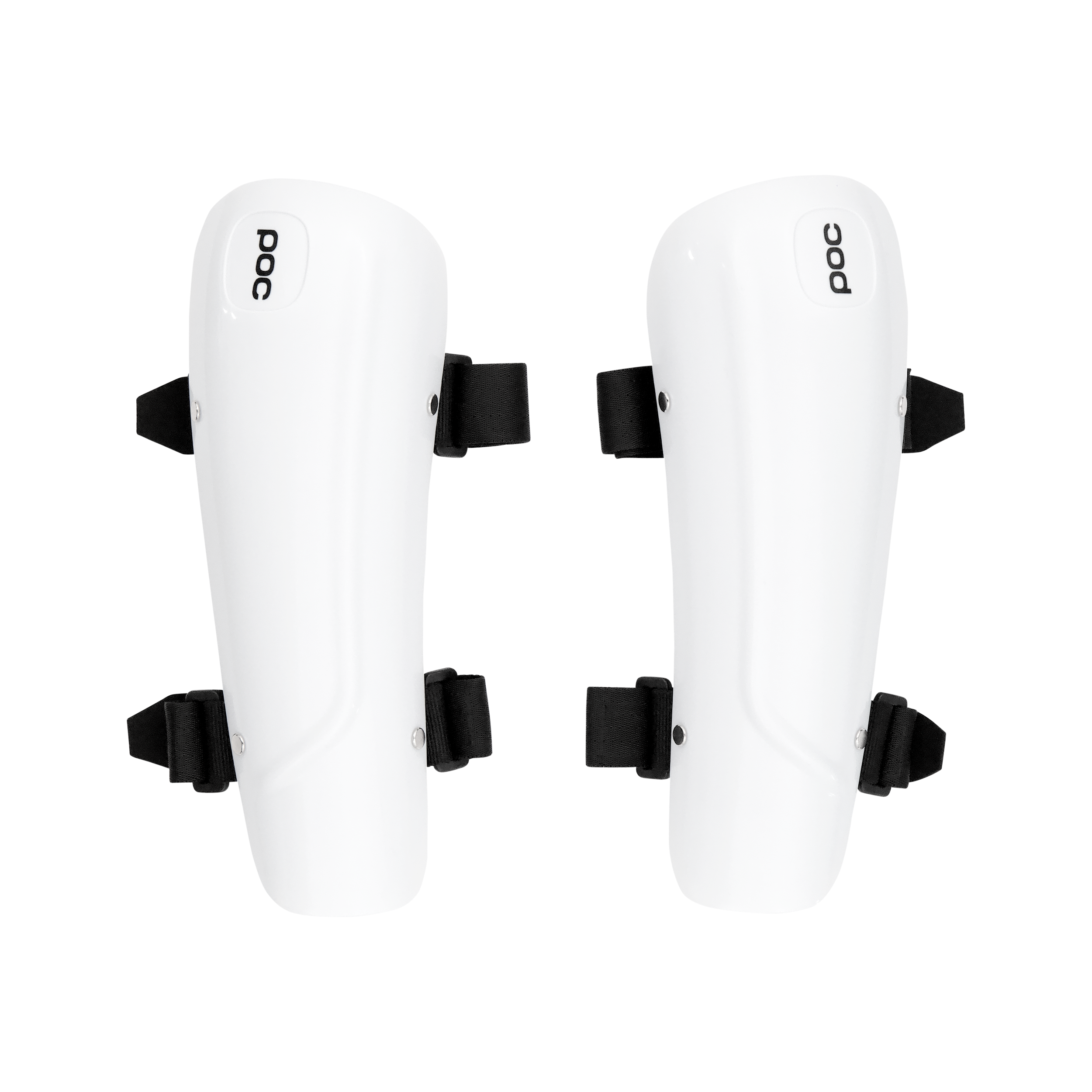 Ein Paar weiße POC Sports Forearm Classic Hartschalen-Protektoren mit schwarzen verstellbaren Riemen sind nebeneinander auf einem einfarbigen Hintergrund gezeigt. Das POC-Logo ist in der Nähe der Oberseite gedruckt, so dass sie ideal für Skirennsport.