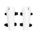 Ein Paar weiße POC Sports Forearm Classic Hartschalen-Protektoren mit schwarzen verstellbaren Riemen sind nebeneinander auf einem einfarbigen Hintergrund gezeigt. Das POC-Logo ist in der Nähe der Oberseite gedruckt, so dass sie ideal für Skirennsport.