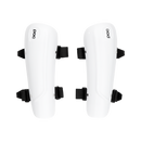 Ein Paar weiße POC Sports Forearm Classic Hartschalen-Protektoren mit schwarzen verstellbaren Riemen sind nebeneinander auf einem einfarbigen Hintergrund gezeigt. Das POC-Logo ist in der Nähe der Oberseite gedruckt, so dass sie ideal für Skirennsport.