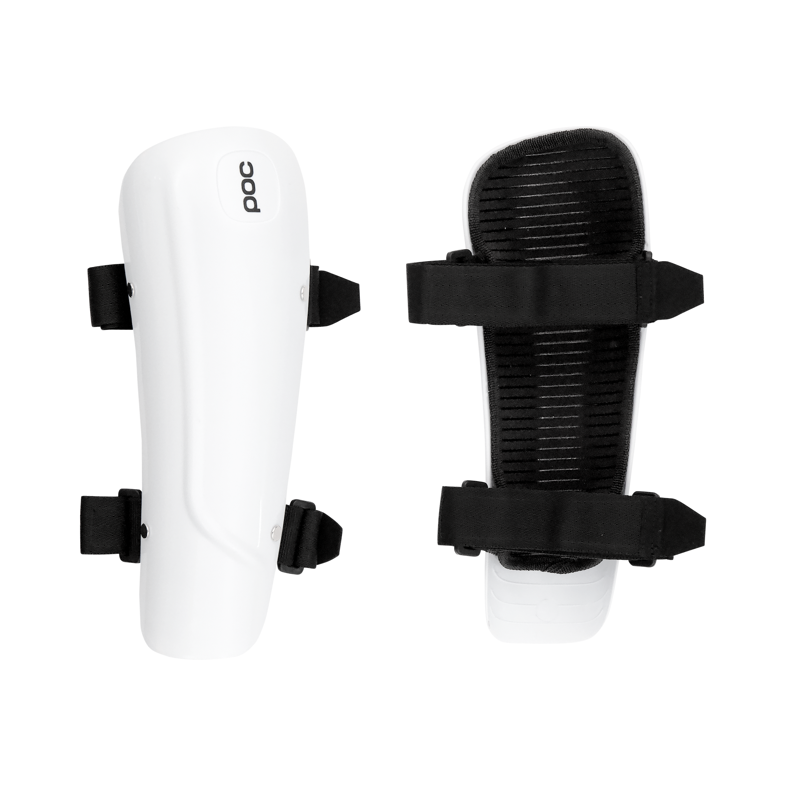 Zwei POC Sports Forearm Classic Hartschalenprotektoren mit schwarzen verstellbaren Riemen sind vorne und hinten auf einem schlichten weißen Hintergrund abgebildet, ideal für den Skirennsport. Das POC Sports Logo ist auf einem Schutz sichtbar.