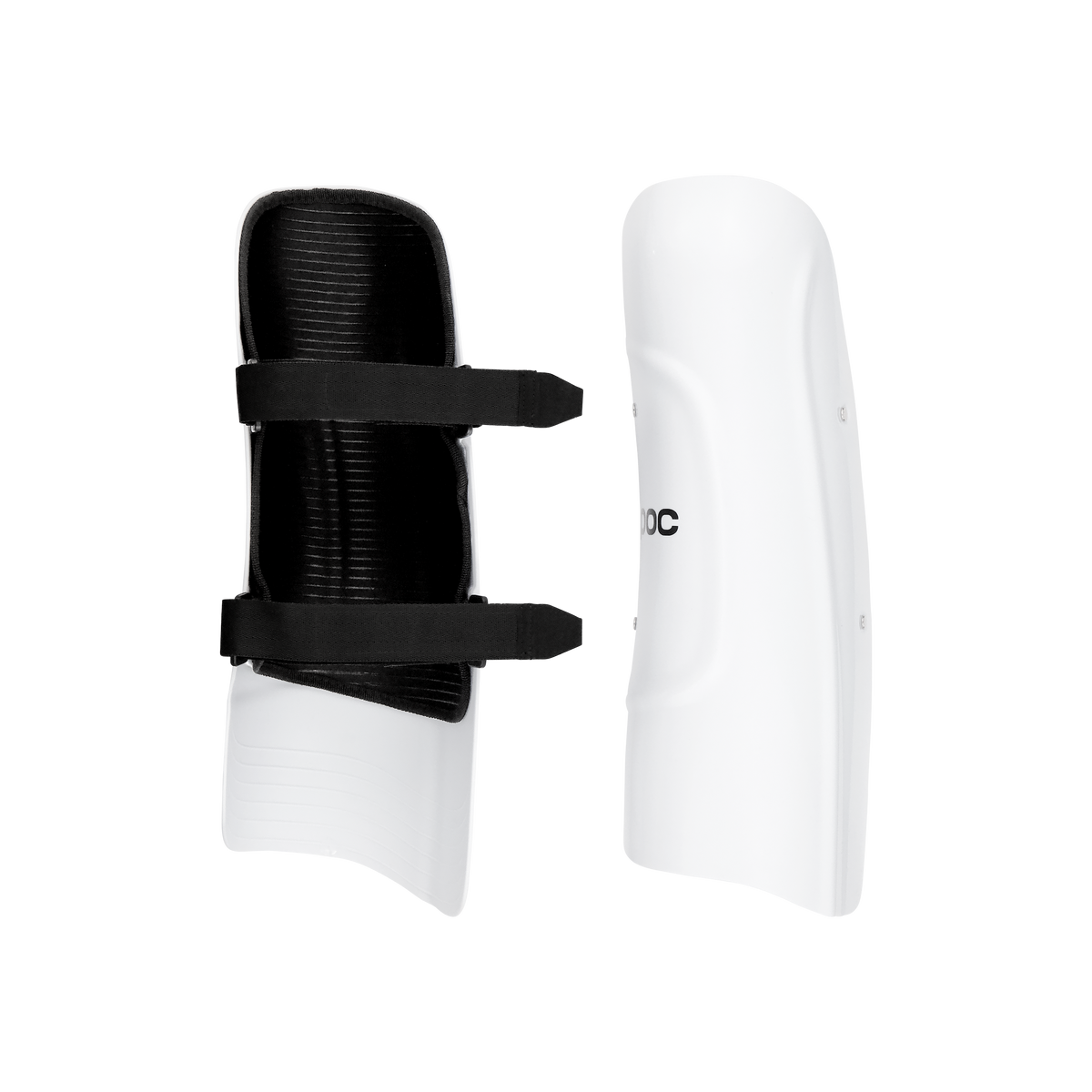 Die POC Sports POC Shins Classic verfügen über eine weiße Hartschale, eine schwarze Innenpolsterung und zwei schwarze Klettverschlüsse - hier nebeneinander mit einer Vorder- und einer Innenansicht - und sind perfekt für den Skirennsport.