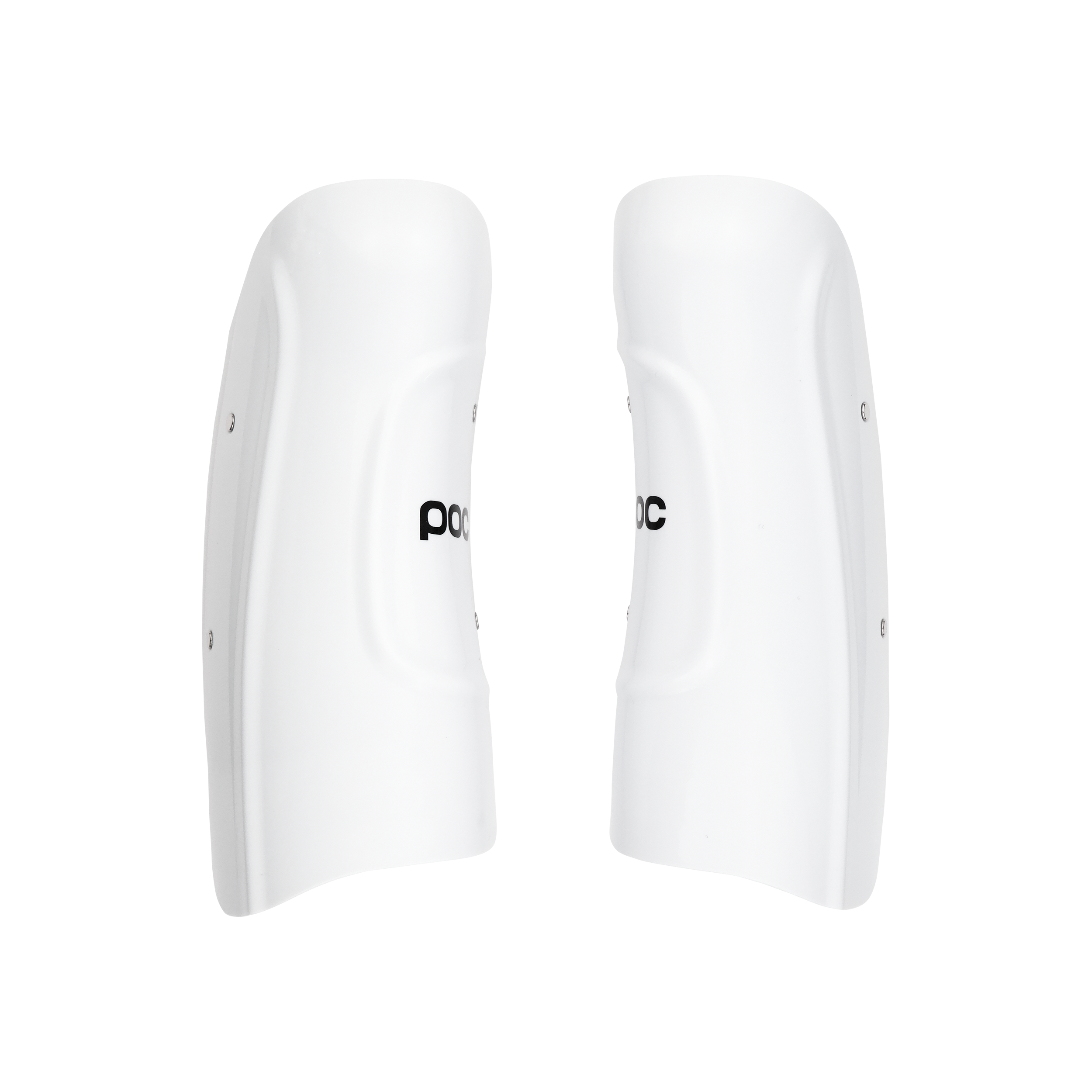 Ein Paar weiße POC Sports Shins Classic Jr Schienbeinschützer aus Kunststoff mit teilweise sichtbarer schwarzer Schrift auf weißem Hintergrund - der perfekte Schutz für Kinder im Skirennsport.