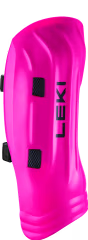 Ein leuchtend pinker Leki Skirennsport-Armschutz mit schwarzen Riemen und dem Leki-Logo in Schwarz - ideal zur Kombination mit dem Leki Shin Guard Worldcup Pro Junior oder anderen Protektor Ski-Ausrüstungen.