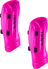 Leki Shin Guard Worldcup Pro Junior: Schienbeinschützer in leuchtendem Pink mit schwarzen, verstellbaren Riemen und LEKI-Logo - perfekt für den Slalomschutz.