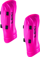 Leki Shin Guard Worldcup Pro Junior: Schienbeinschützer in leuchtendem Pink mit schwarzen, verstellbaren Riemen und LEKI-Logo - perfekt für den Slalomschutz.