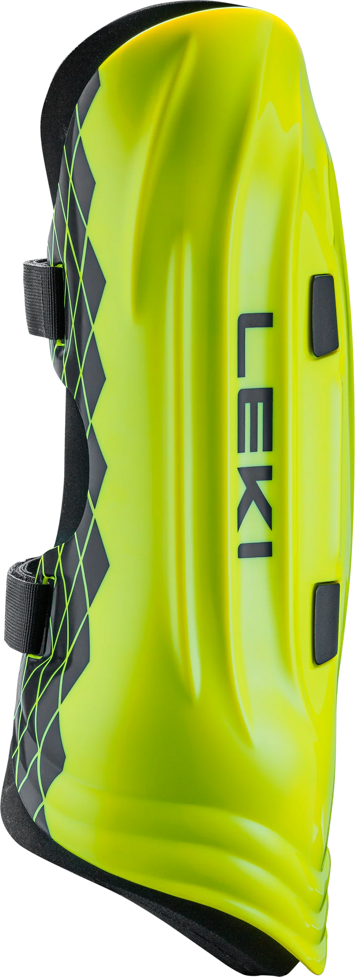 Der Leki Shin Guard Worldcup Pro Custom Fit ist ein leuchtend gelber und schwarzer Unterarmschutz mit zwei verstellbaren Riemen, dem Leki-Logo und einem geometrischen Rautenmuster für zusätzlichen Style.