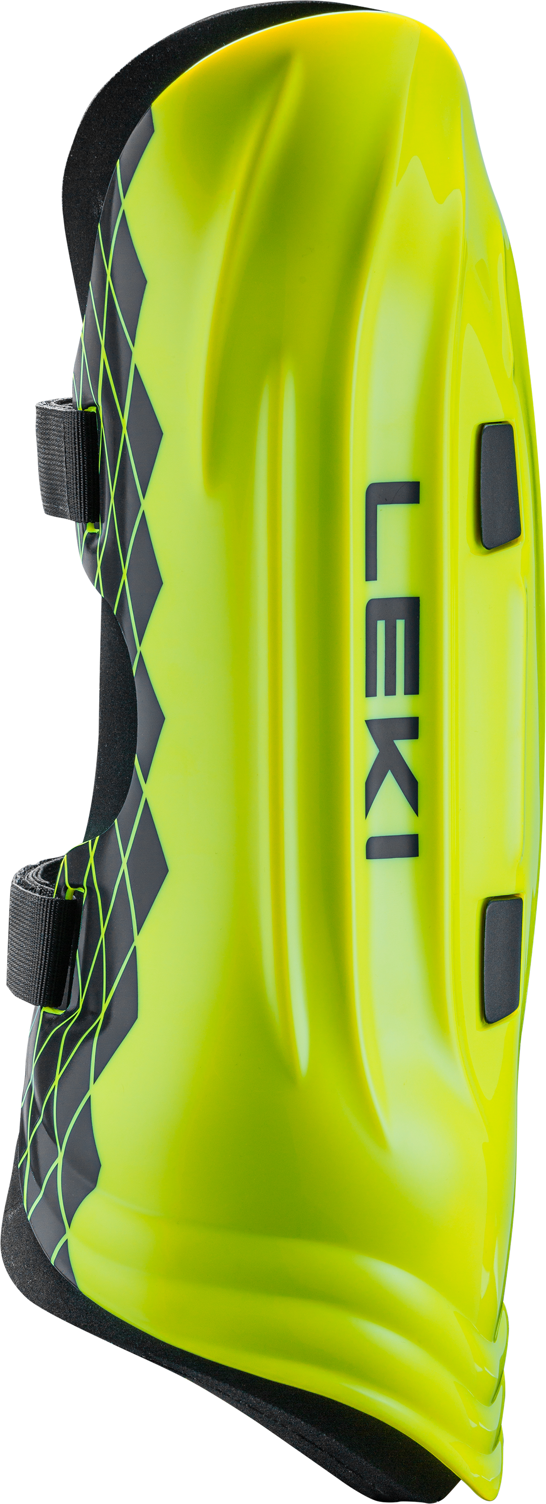 Der Leki Shin Guard Worldcup Pro Custom Fit ist ein leuchtend gelber und schwarzer Unterarmschutz mit zwei verstellbaren Riemen, dem Leki-Logo und einem geometrischen Rautenmuster für zusätzlichen Style.