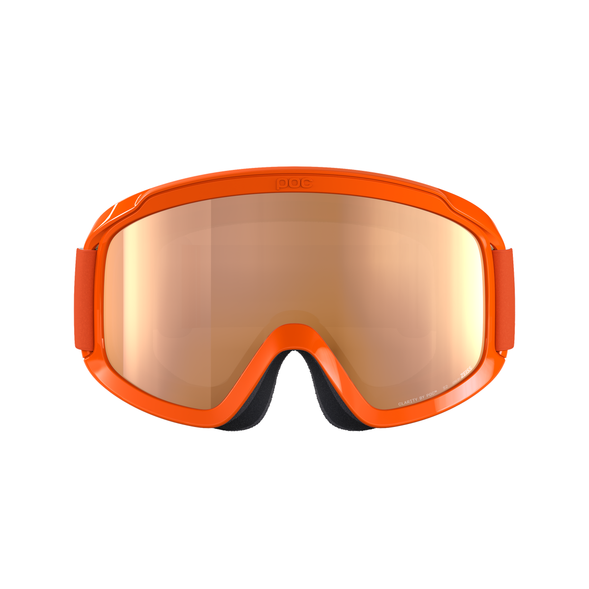 Die POC Sports POCito Opsin Skibrille hat eine reflektierende, goldfarbene Scheibe, eine schwarze Innenpolsterung und rote, verstellbare Bänder auf einem schlichten weißen Hintergrund.