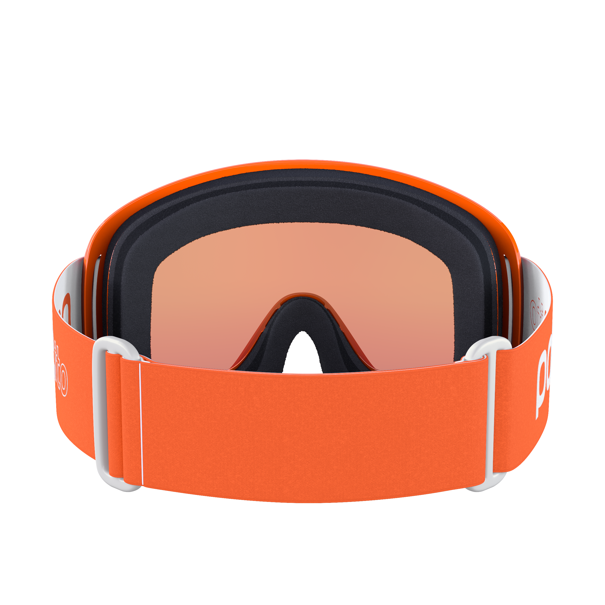 Die POC Sports POCito Opsin Skibrille hat einen breiten, verstellbaren Riemen und orange getönte Gläser, die von hinten gezeigt werden, um die komfortable Polsterung und den Nasensteg hervorzuheben.
