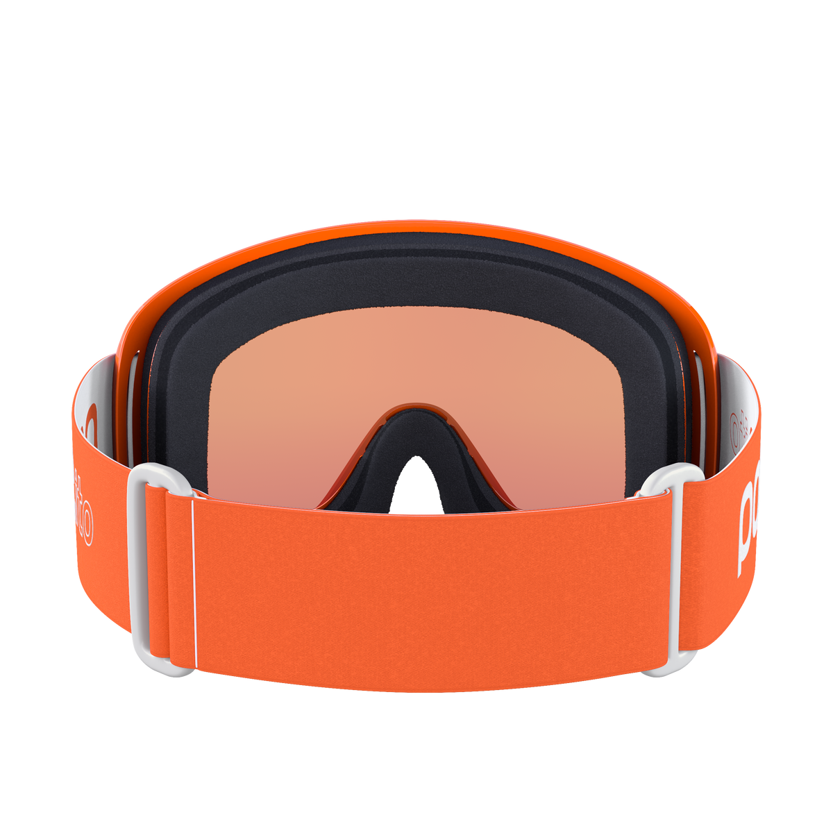 Die POC Sports POCito Opsin Skibrille hat einen breiten, verstellbaren Riemen und orange getönte Gläser, die von hinten gezeigt werden, um die komfortable Polsterung und den Nasensteg hervorzuheben.