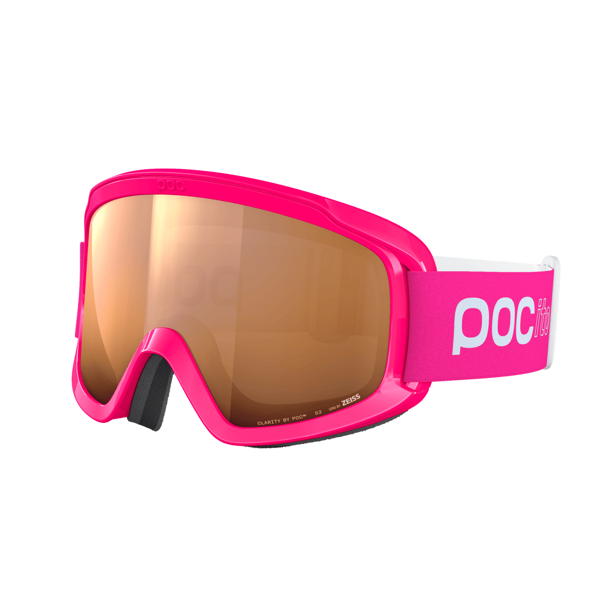 Die POC Sports POCito Opsin Kinder-Skibrille hat einen rosafarbenen Rahmen, reflektierende Gläser und ein weiß-rosa verstellbares Band mit dem POC-Logo. Ihr modernes, aerodynamisches Design verbessert die Sichtbarkeit und Sicherheit beim Skifahren.