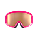 Eine rosafarbene POC Sports POCito Opsin Skibrille mit einer reflektierenden, goldgetönten Scheibe wird vor einem hellgrauen Hintergrund gezeigt, um die Sichtbarkeit beim Skifahren für junge Abenteurer zu erhöhen.