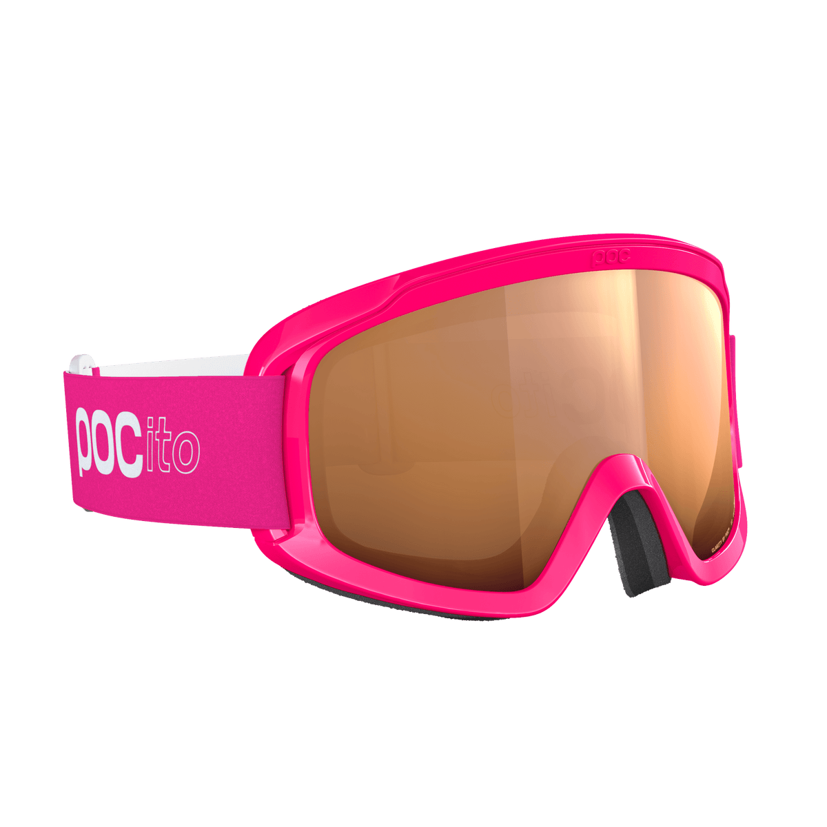 Die POC Sports POCito Opsin ist eine rosafarbene Skibrille mit orangefarbenen, reflektierenden Gläsern und einem rosafarbenen Band mit weißem "poc ito"-Schriftzug, das für optimale Sichtbarkeit beim Skifahren sorgt. Abgebildet auf einfarbig weißem Hintergrund.
