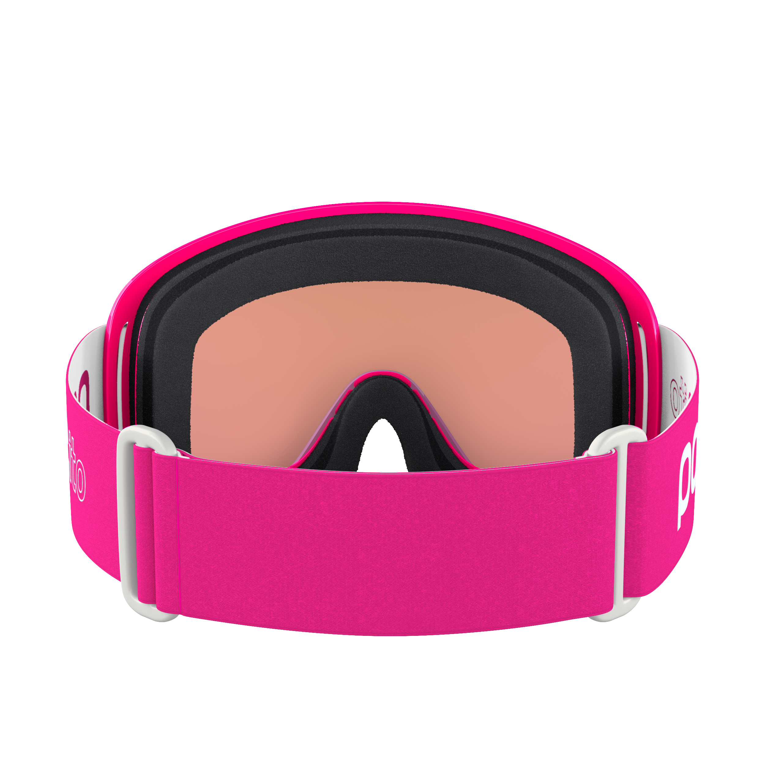 Die POC Sports POCito Opsin verfügt über ein leuchtend pinkes Band, einen schwarzen Rahmen und orange getönte Gläser für bessere Sichtbarkeit beim Skifahren, die von vorne auf weißem Hintergrund abgebildet sind.