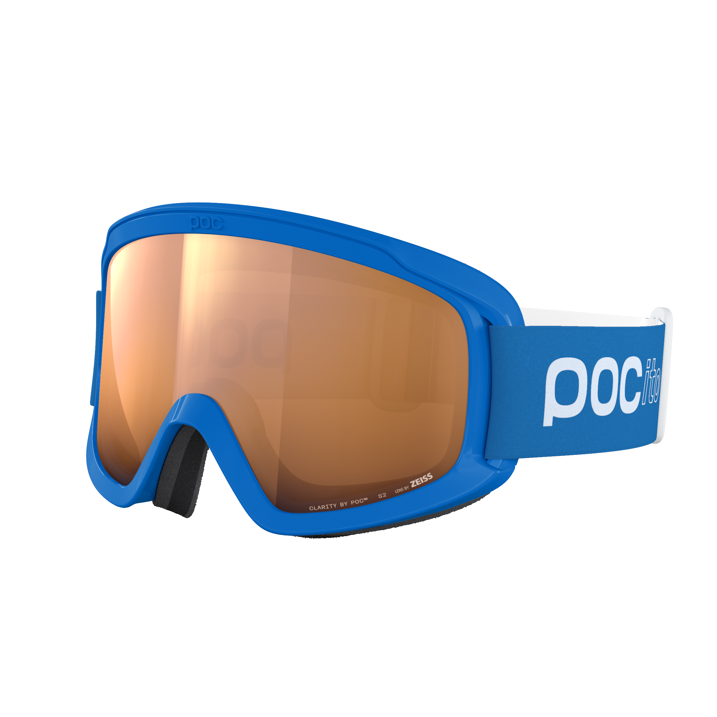 Die POC Sports POCito Opsin blue Kinder-Skibrille hat hellorange getönte, teilweise sonnenreflektierende Gläser und ein weißes POC-Logo auf dem Seitenband, das vor einem schlichten hellen Hintergrund abgebildet ist.