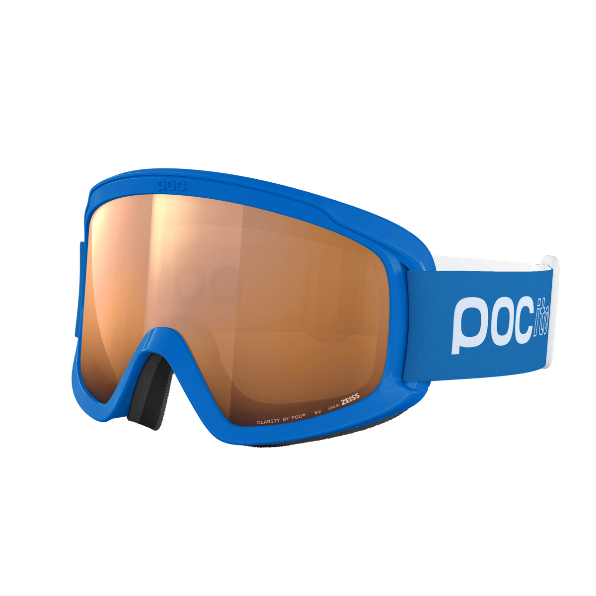 Die POC Sports POCito Opsin blue Kinder-Skibrille hat hellorange getönte, teilweise sonnenreflektierende Gläser und ein weißes POC-Logo auf dem Seitenband, das vor einem schlichten hellen Hintergrund abgebildet ist.