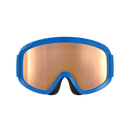 Die POC Sports POCito Opsin Skibrille für Kinder hat einen blauen Rahmen, eine große, hellorangefarbene, reflektierende Scheibe für teilweise sonnige Bedingungen und eine schwarze Schaumstoffpolsterung, die auf einem schlichten hellgrauen Hintergrund abgebildet ist.