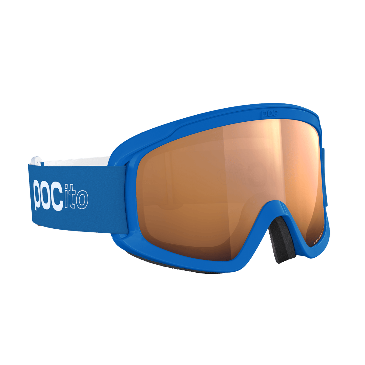Die POC Sports POCito Opsin Kinder-Skibrille mit blauem Rahmen, reflektierenden Gläsern in Partly Sunny Light Orange und einem Band mit weißem Logo ist auf einem schlichten weißen Hintergrund zu sehen.