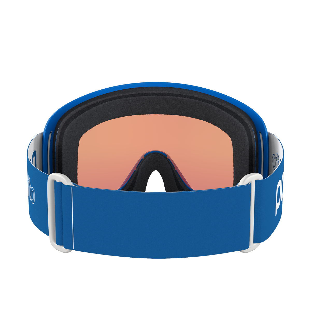 Die POC Sports POCito Opsin Kinder-Skibrille in Blau hat eine reflektierende Partly Sunny Light Orange-Scheibe, ein verstellbares Band, weiße Akzente und eine weiche Polsterung für hohen Tragekomfort (von hinten).