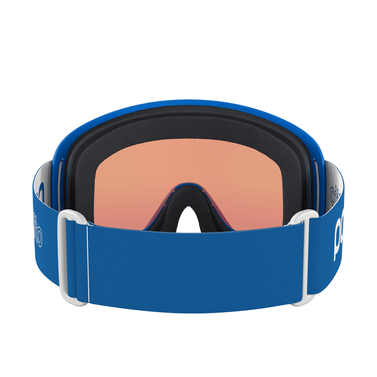 Die POC Sports POCito Opsin Kinder-Skibrille in Blau hat eine reflektierende Partly Sunny Light Orange-Scheibe, ein verstellbares Band, weiße Akzente und eine weiche Polsterung für hohen Tragekomfort (von hinten).