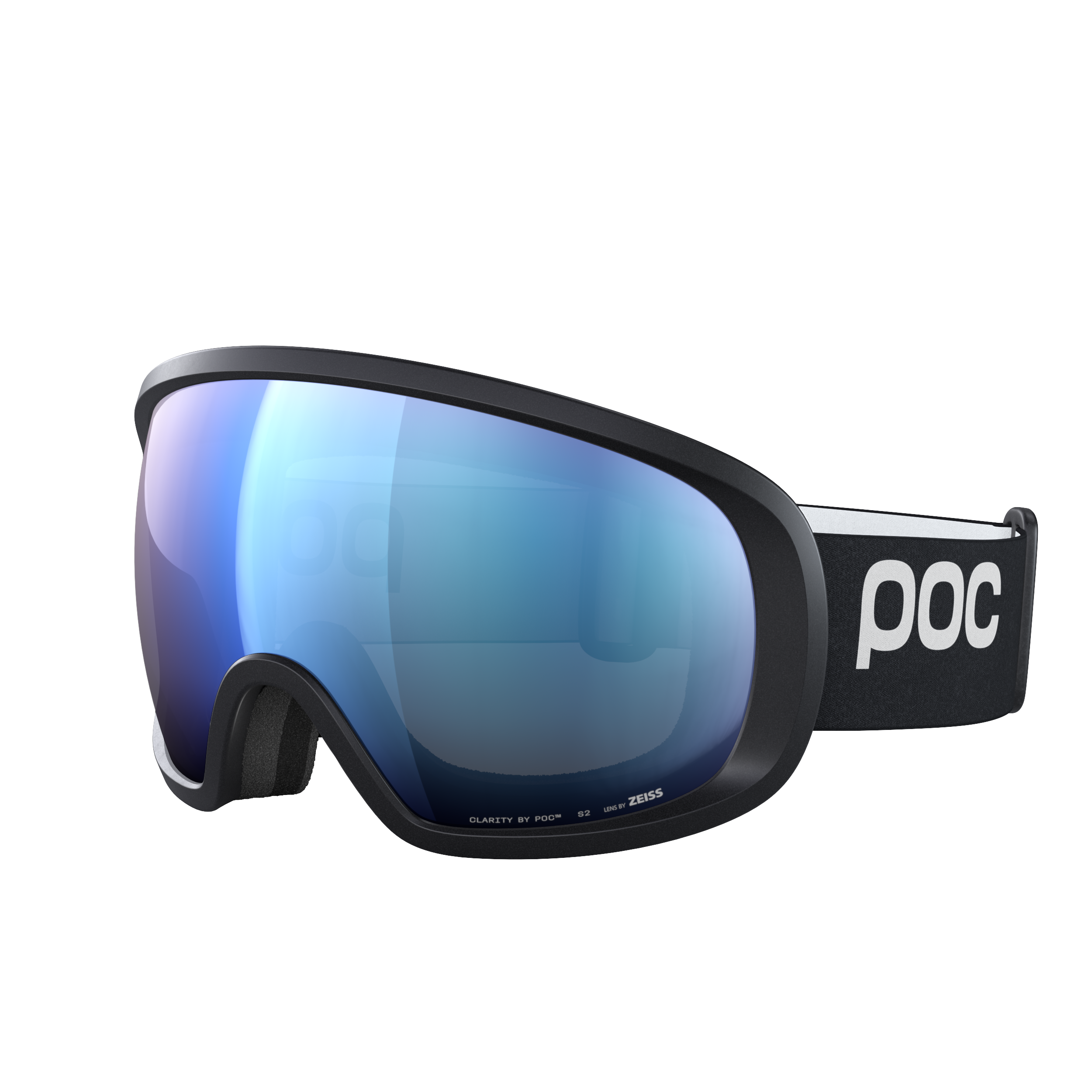 Ein Paar schwarze POC Sports Fovea Skibrillen mit blauen, reflektierenden Gläsern mit Clarity-Technologie und einem verstellbaren schwarzen Band mit weißem POC-Logo.