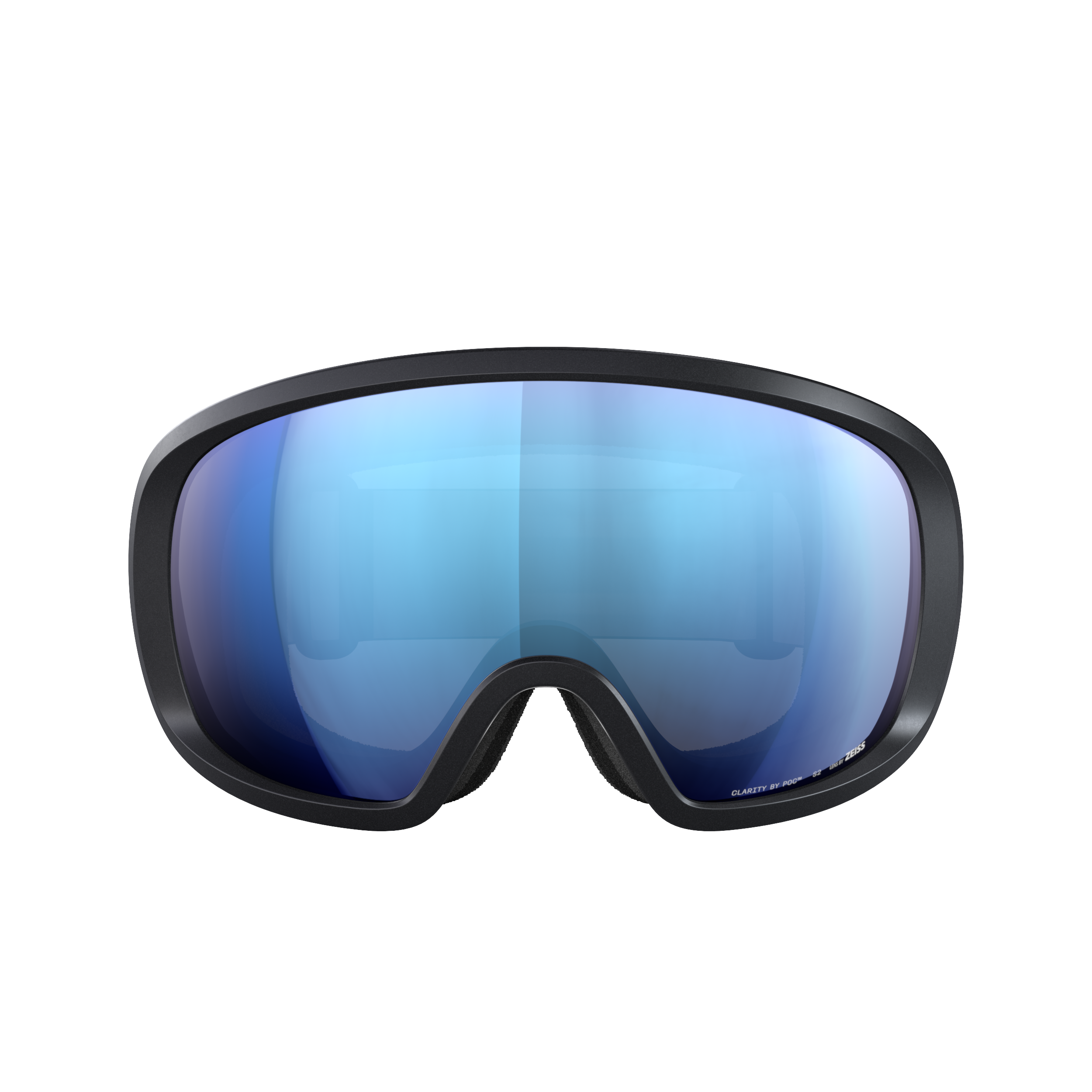 Eine POC Sports POC Fovea Schwimmbrille mit Clarity Technology, schwarzem Rahmen und blau getönten, reflektierenden Gläsern ist nach vorne gerichtet vor einem schlichten weißen Hintergrund abgebildet.