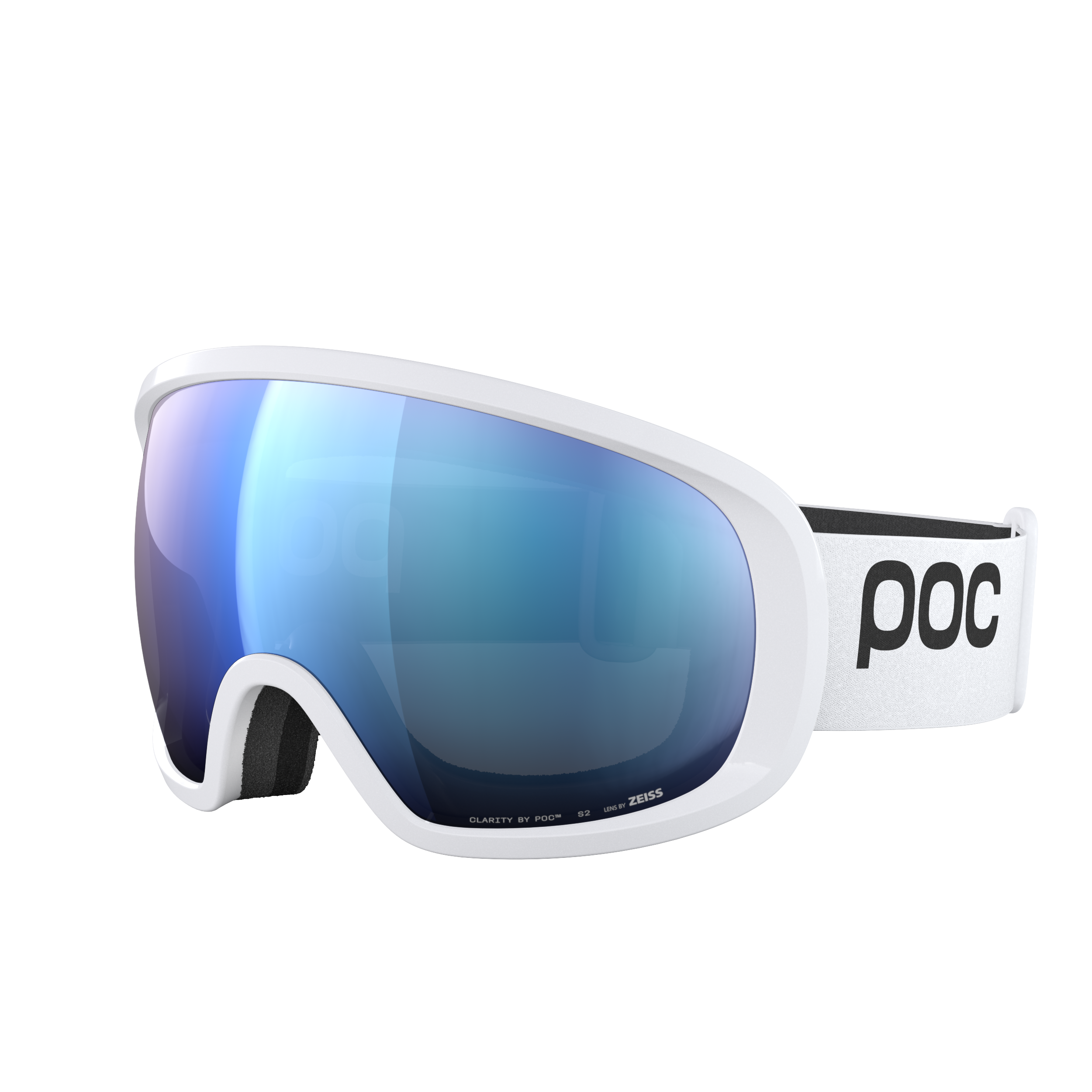 Die POC Fovea von POC Sports ist eine weiße Skibrille mit einer breiten verspiegelten blauen Clarity-Scheibe, einer schwarzen Schaumstoffpolsterung und einem weißen Band mit schwarzem POC-Logo. Ihr modernes, schlankes Design sorgt für einen nahtlosen, komfortablen Sitz vor jedem Hintergrund.