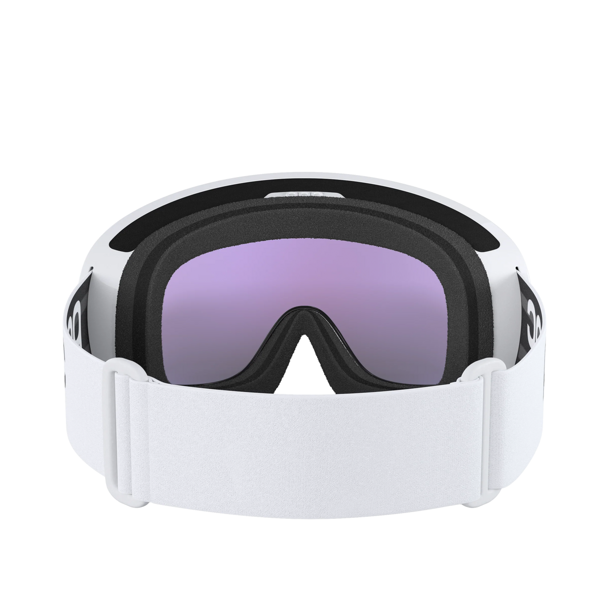 Die POC Sports Fovea Skibrille hat einen weißen Rahmen, lila getönte Clarity-Gläser, eine sichtbare schwarze Schaumstoffpolsterung und ein breites weißes, verstellbares Gummiband.