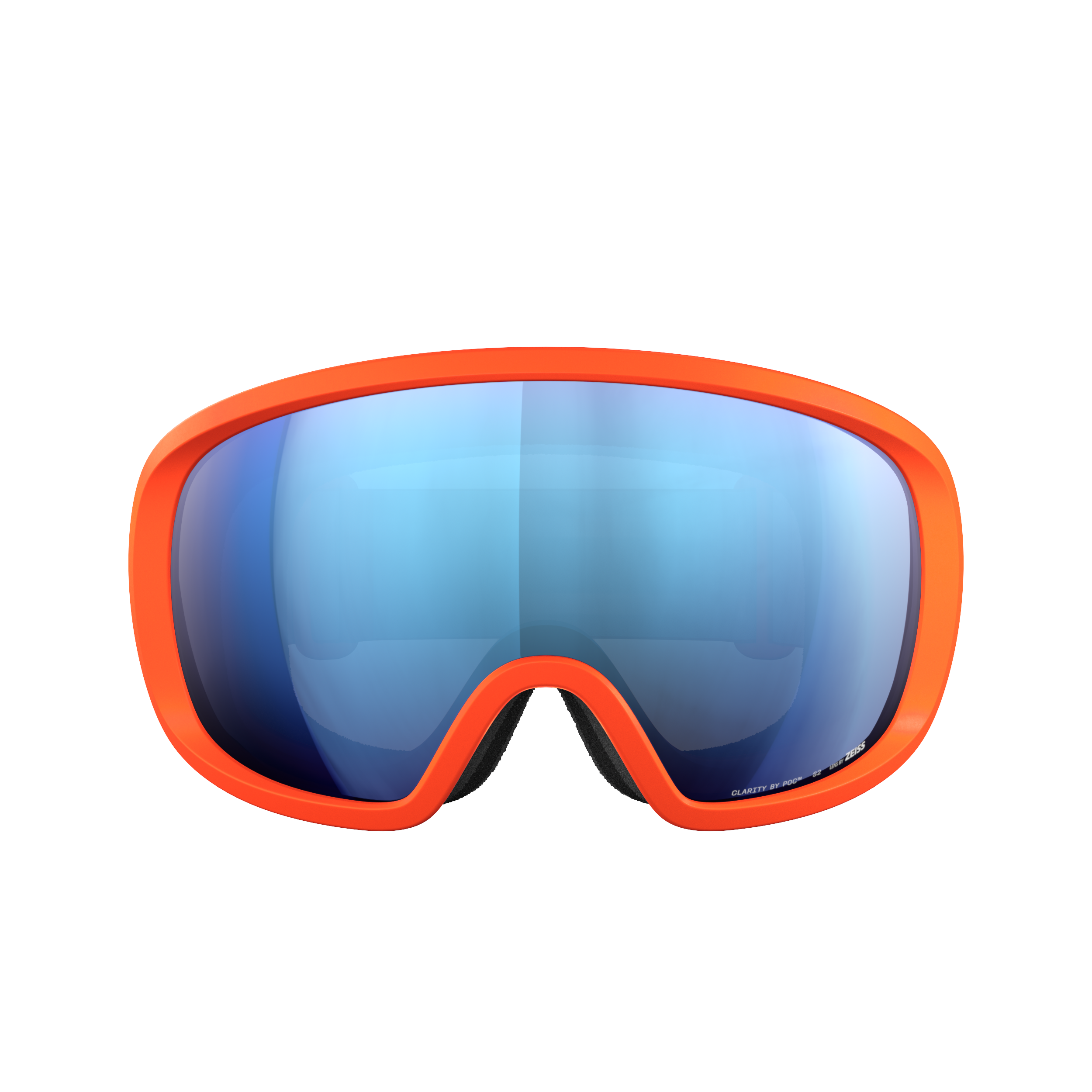 Die POC Sports Fovea Goggles haben einen leuchtend orangefarbenen Rahmen und große, blau getönte, reflektierende Gläser mit Clarity Technology, die vor einem schlichten weißen Hintergrund stehen.
