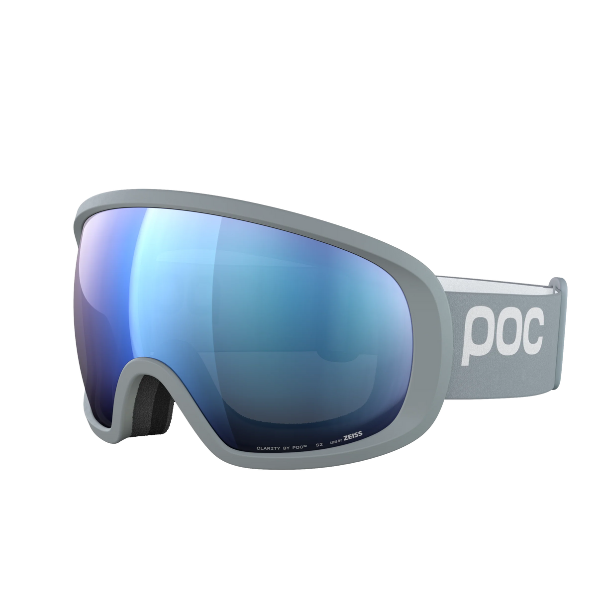 Eine POC Sportbrille Fovea mit Clarity-Gläsern, mit hellblauen, reflektierenden Gläsern, grauem Rahmen und grauem Band mit weißem POC-Logo, abgebildet auf weißem Hintergrund.